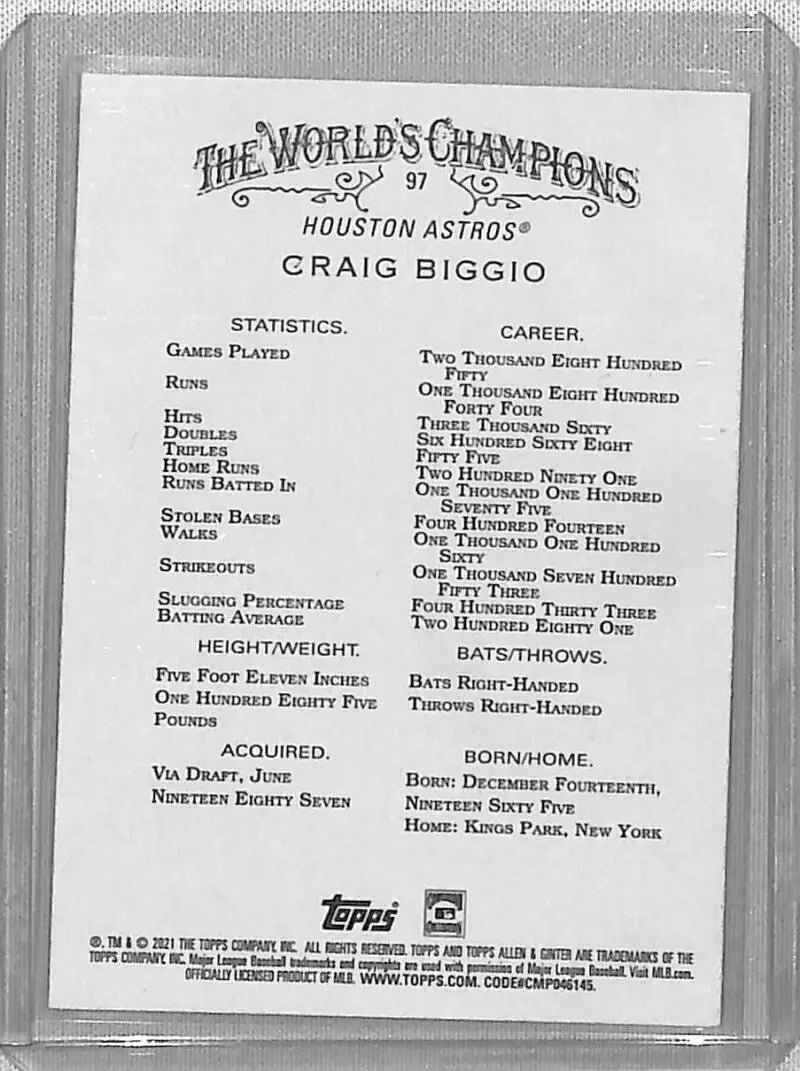 Craig Biggio baseball card from Topps Allen & Ginter featuring Houston Astros player