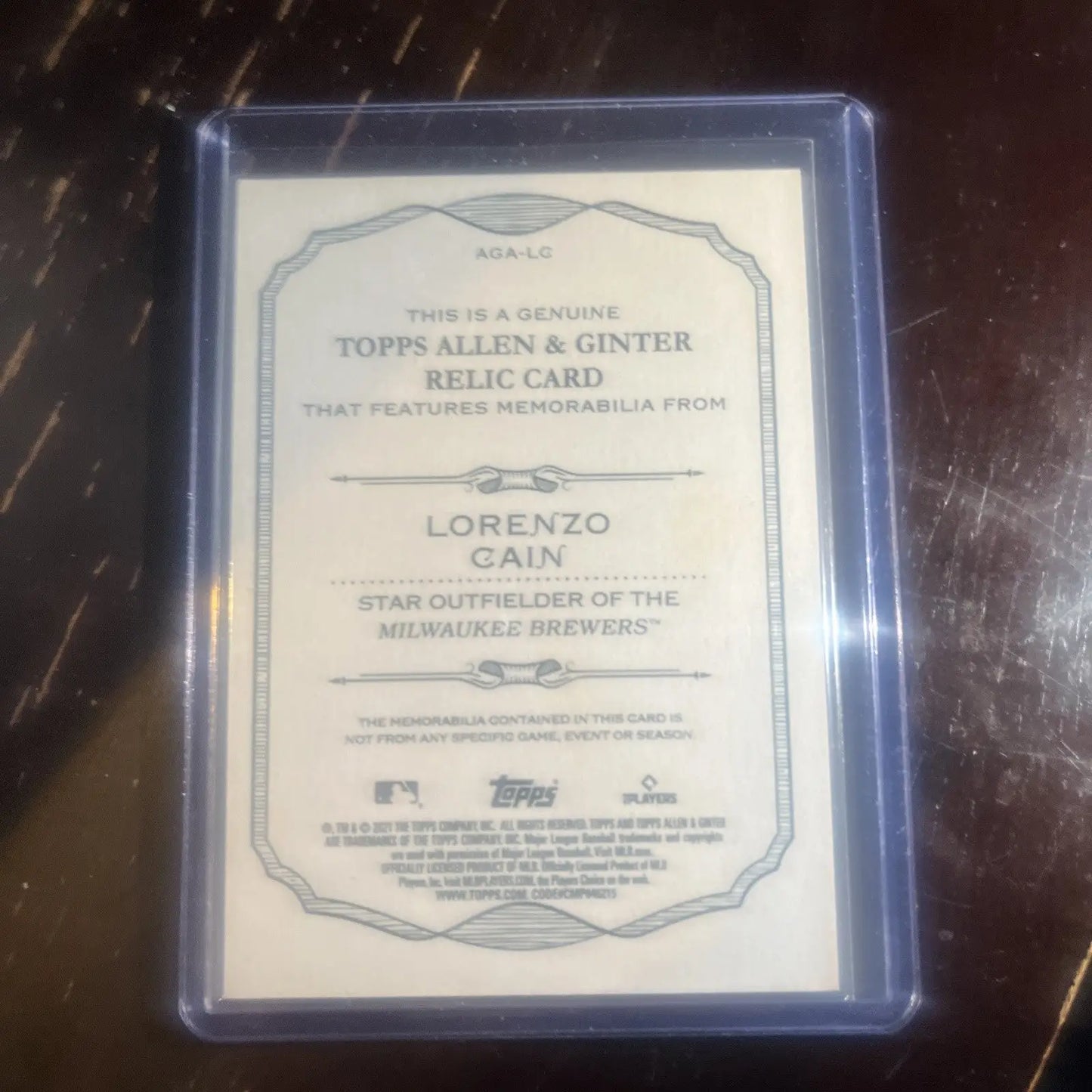 Lorenzo Cain relic card from 2021 Topps Allen & Ginter Bat Relic collection