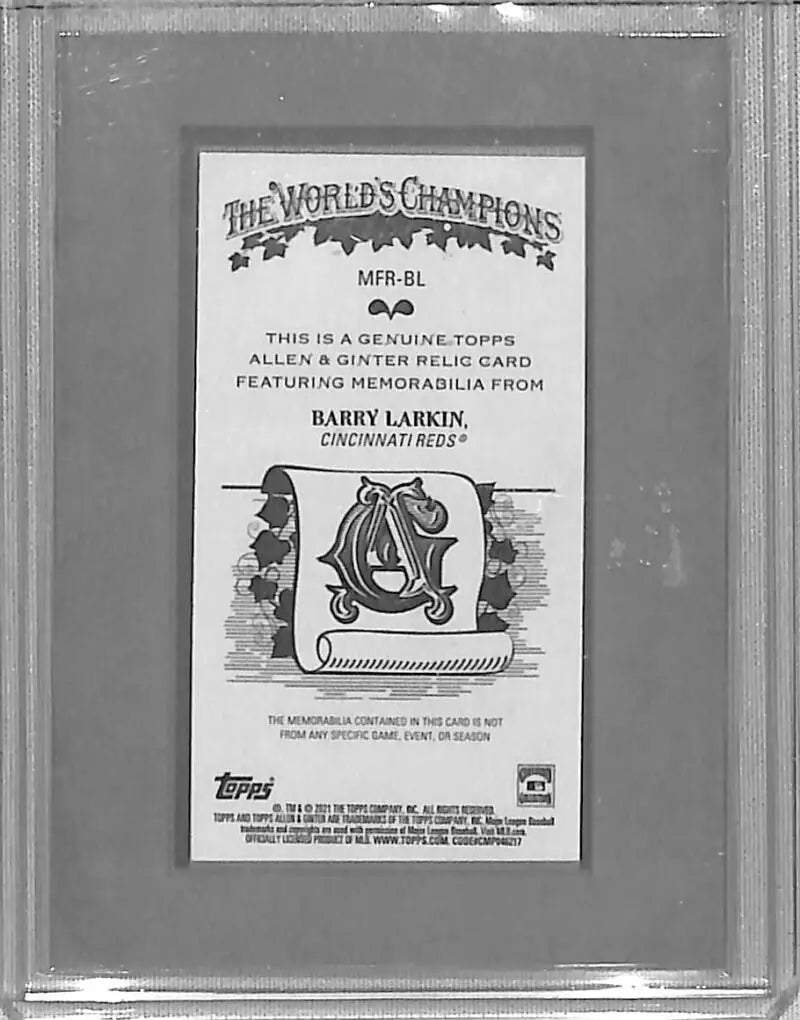 Barry Larkin baseball card with mini relic from Cincinnati Reds 2021 Topps Allen & Ginter
