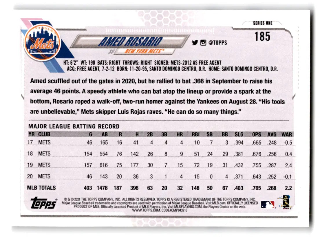 Amed Rosario baseball card from 2021 Topps Baseball #185 with original gloss finish