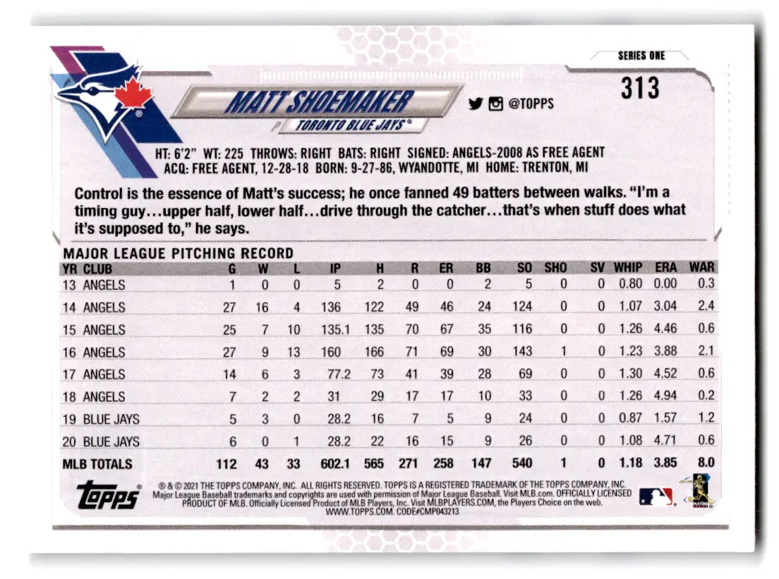 Matt Shoemaker Baseball Card 2021 Topps #313 Toronto Blue Jays original gloss design