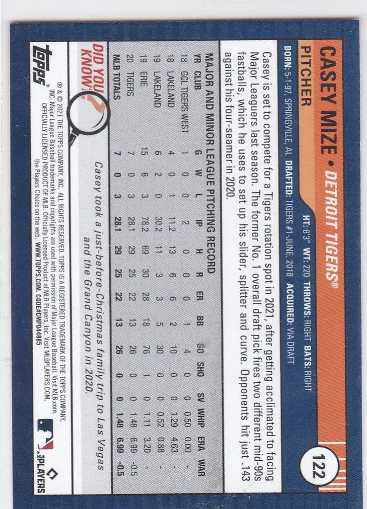 2021 Topps Big League #122 Casey Mize Orange RC showcasing Detroit Tigers player stats