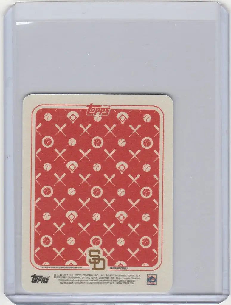 Baseball card with red patterned back in sleeve, Topps Blake Jamieson Tony Gwynn San Diego