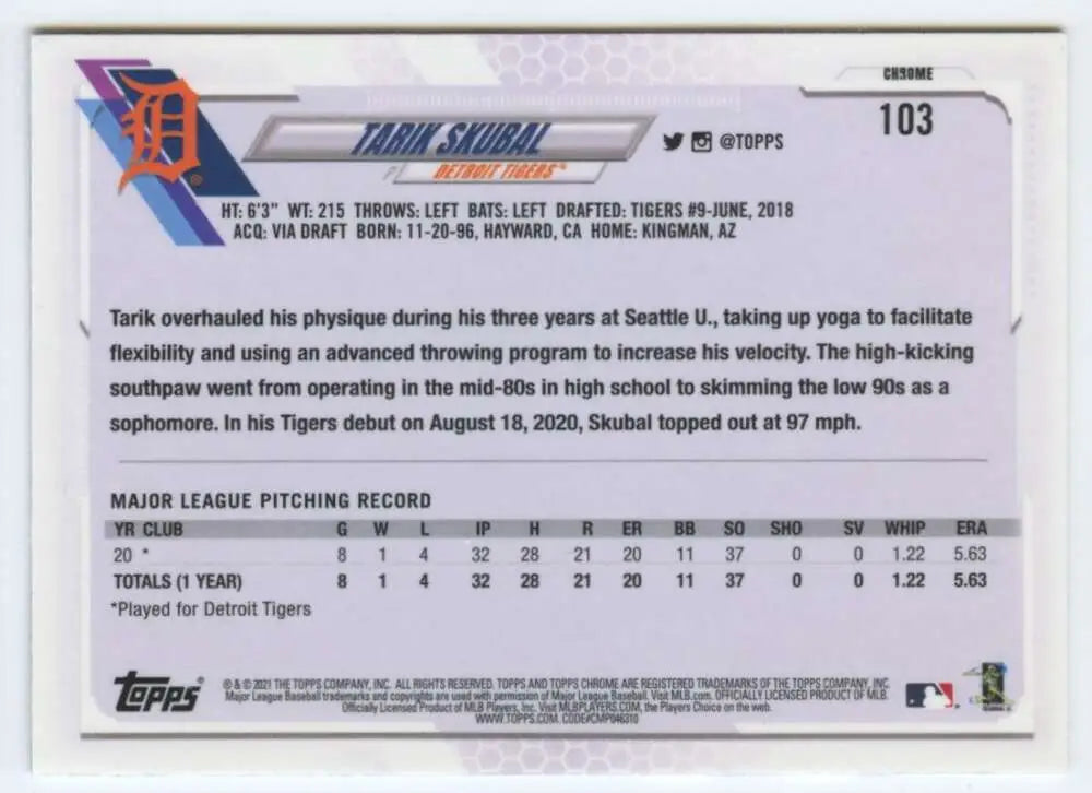 Baseball card featuring Tarik Skubal’s stats from the 2021 Topps Chrome Detroit Tigers