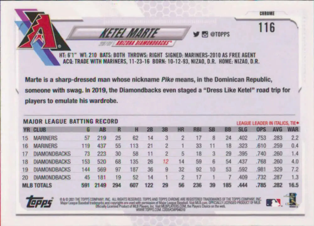Ketel Marte 2021 Topps Chrome #116 Baseball Card NM-MT Arizona Diamondbacks