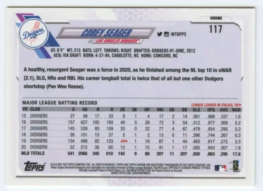 Corey Seager 2021 Topps Chrome #117 Baseball Card from Los Angeles Dodgers NM-MT condition
