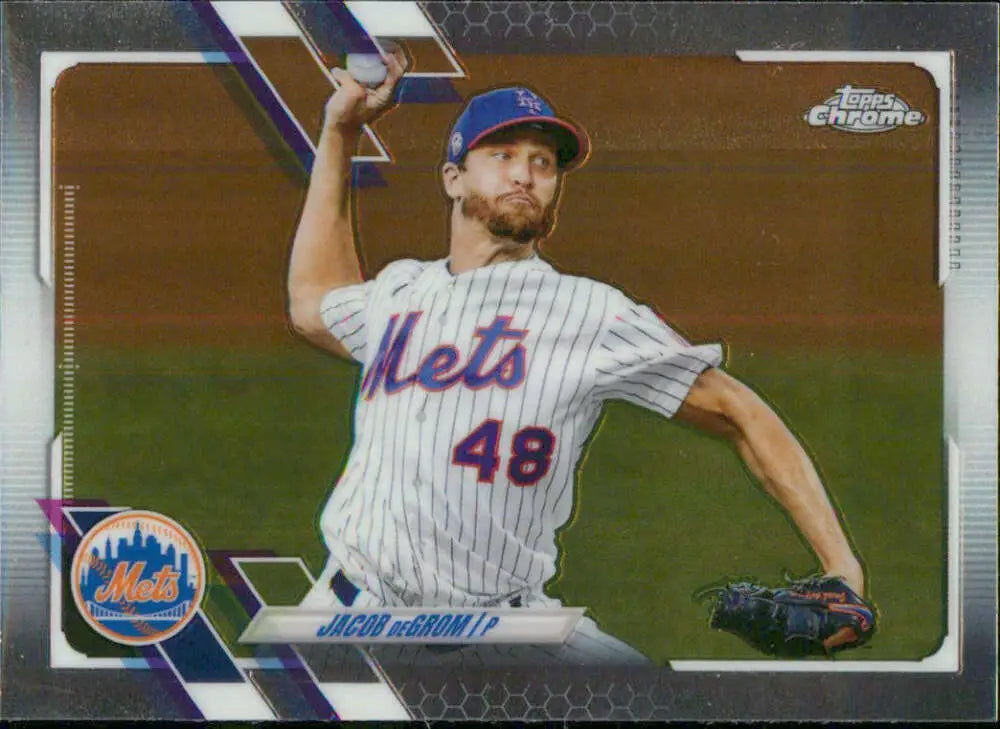 Jacob deGrom New York Mets Baseball Card featuring pitcher in white pinstripe uniform