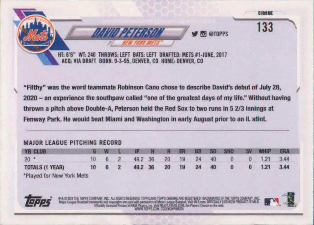 David Peterson New York Mets Topps Chrome baseball card 2021 rookie collectible