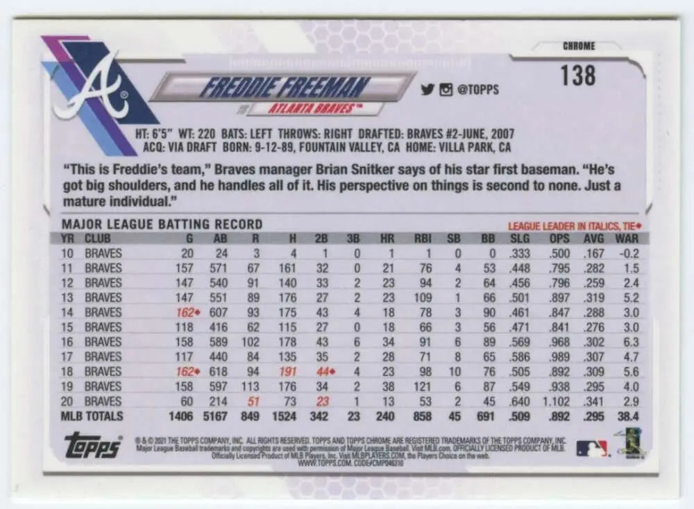 Freddie Freeman 2021 Topps Chrome #138 Baseball Card with player statistics