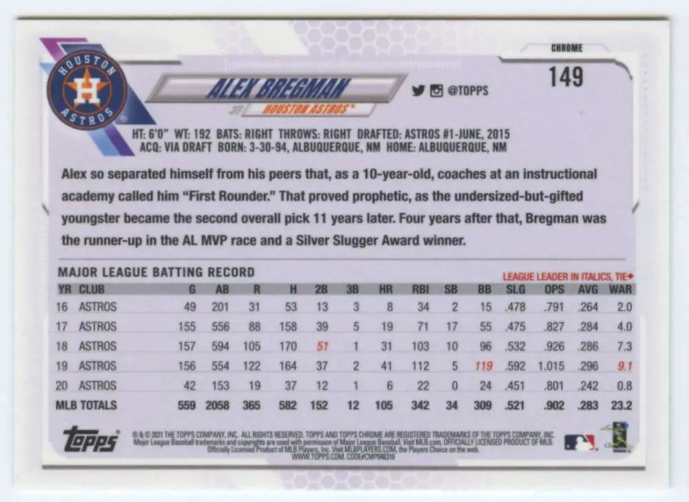 Alex Bregman 2021 Topps Chrome #149 NM-MT Baseball Card Houston Astros