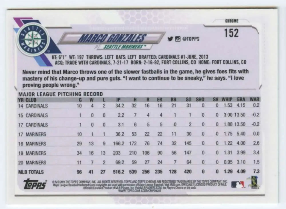 2021 Topps Chrome #152 Marco Gonzales NM-MT Seattle Mariners Baseball Card image