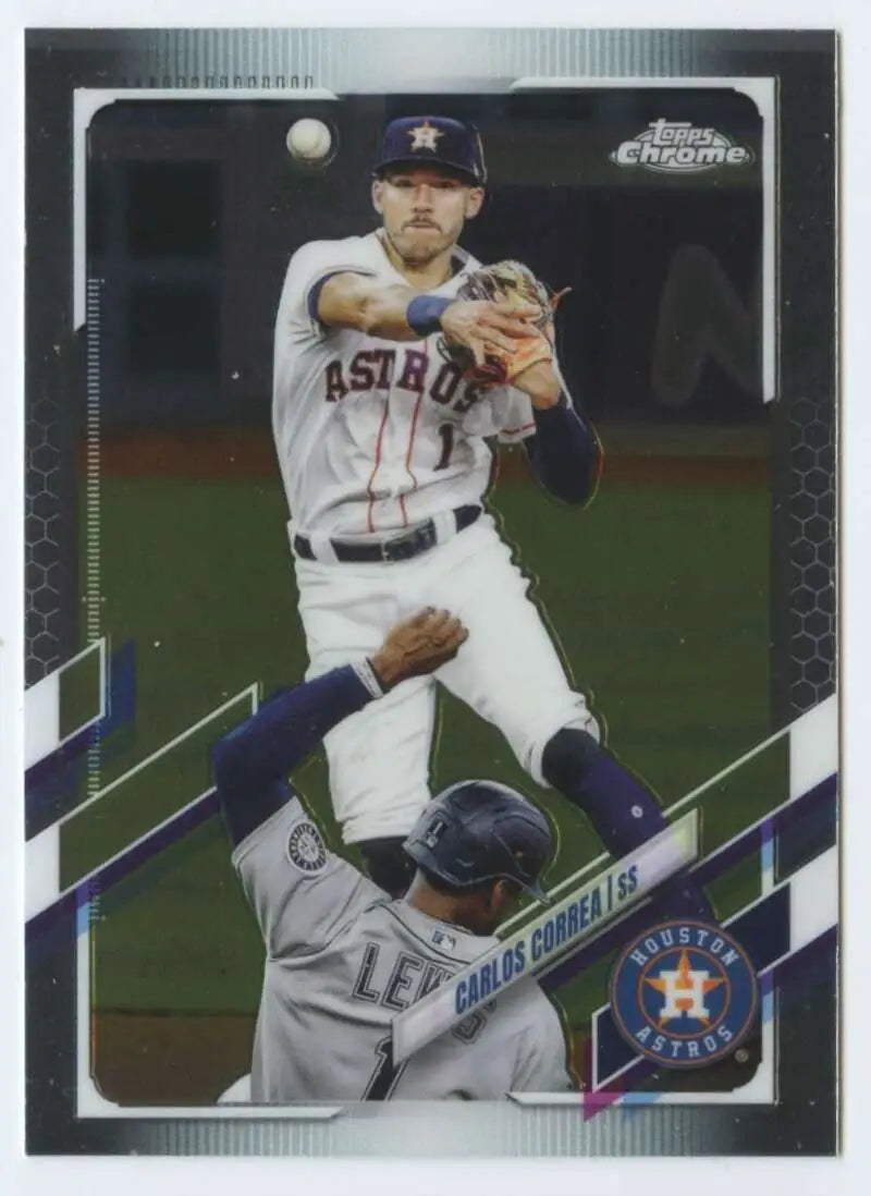 Carlos Correa in white home uniform throwing on 2021 Topps Chrome Houston Astros card