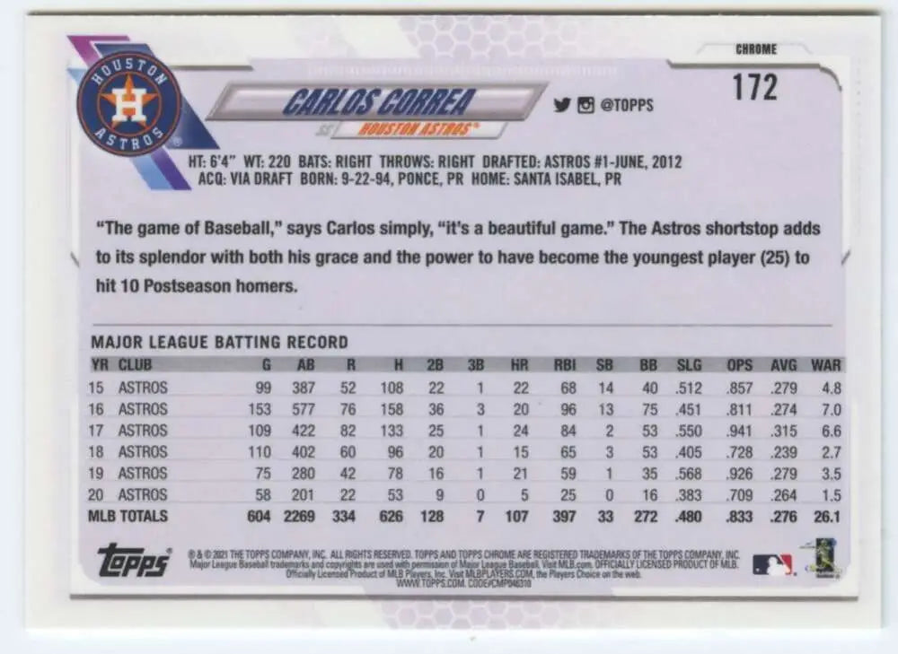 Carlos Correa 2021 Topps Chrome #172 NM-MT Baseball Card for Houston Astros fans