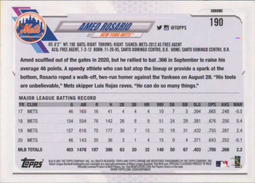 Back of 2021 Topps Chrome #190 Amed Rosario New York Mets Baseball Card