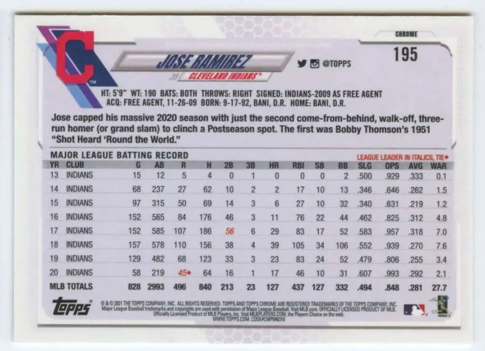 Jose Ramirez Topps Chrome baseball card featuring the Cleveland Indians