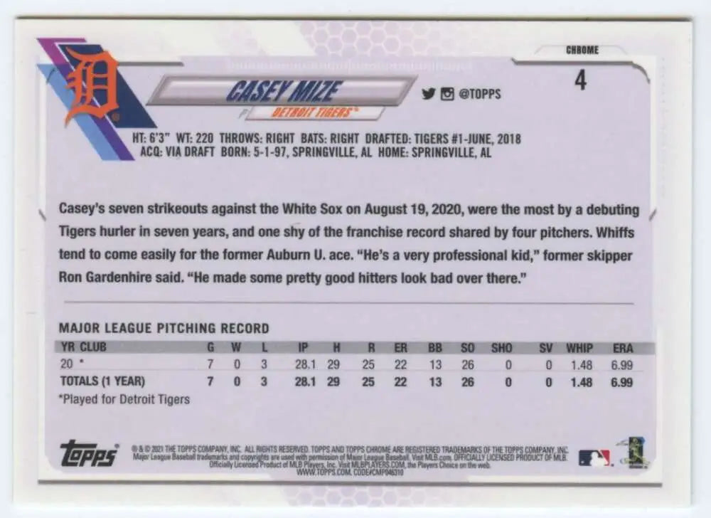 Casey Mize 2021 Topps Chrome Baseball Card with MLB pitching stats and biography