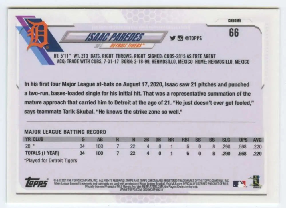 Back view of 2021 Topps Chrome #66 Isaac Paredes NM-MT RC Detroit Tigers Baseball Card