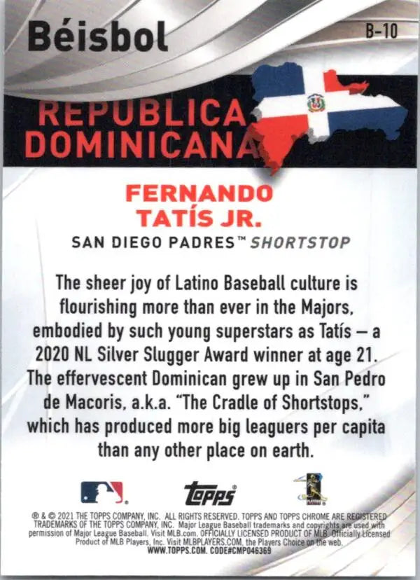 Baseball card of Fernando Tatis Jr. featuring Dominican Republic flag for San Diego Padres