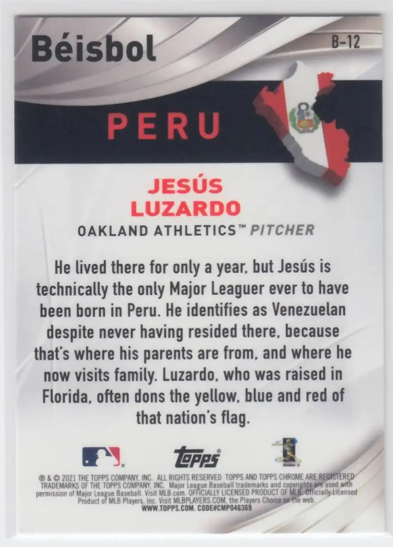 Topps Chrome Beisbol Refractor baseball card of Jesus Luzardo, Oakland Athletics pitcher