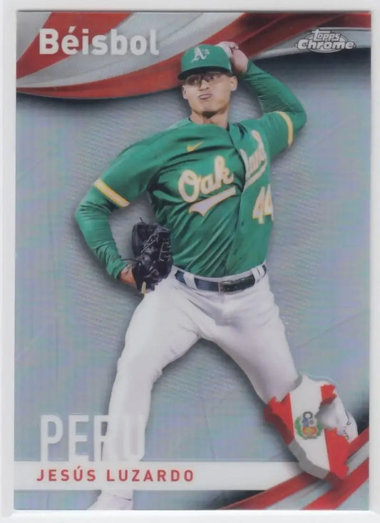 Baseball card of Jesus Luzardo pitching in a green jersey from Topps Chrome Beisbol