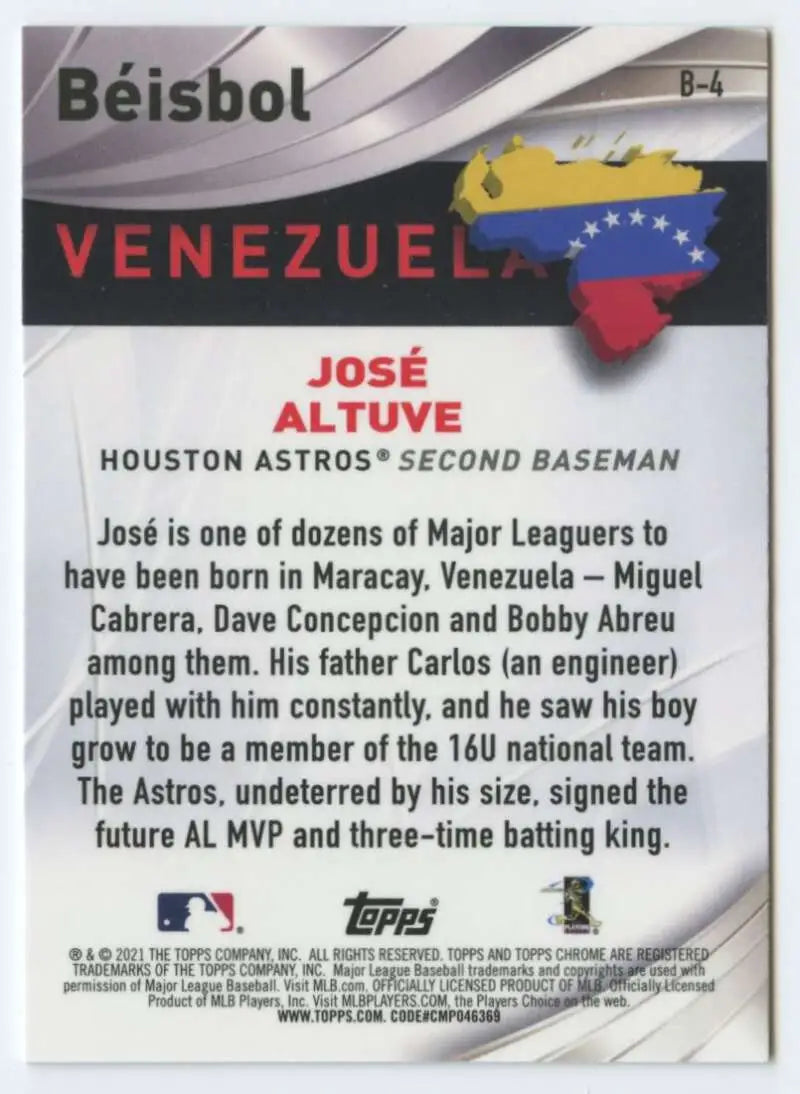 Baseball card of Jose Altuve from 2021 Topps Chrome Beisbol with second baseman details