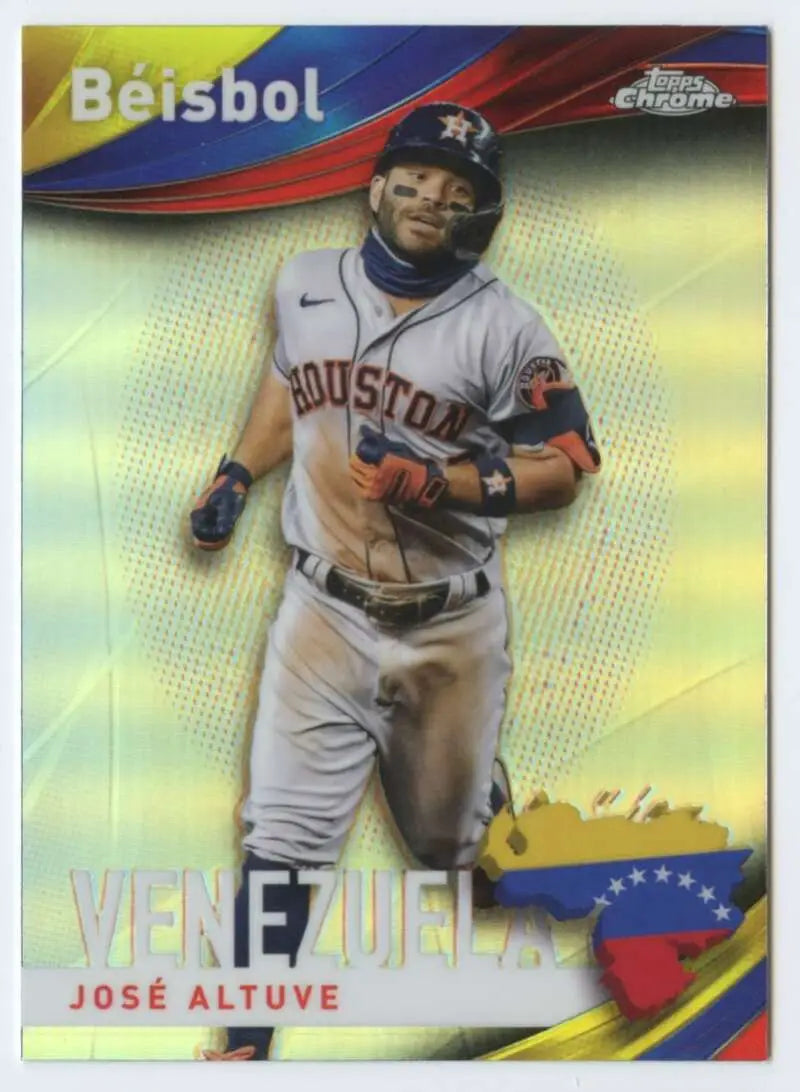 Jose Altuve road gray uniform baseball card with Venezuela flag, Topps Chrome Beisbol