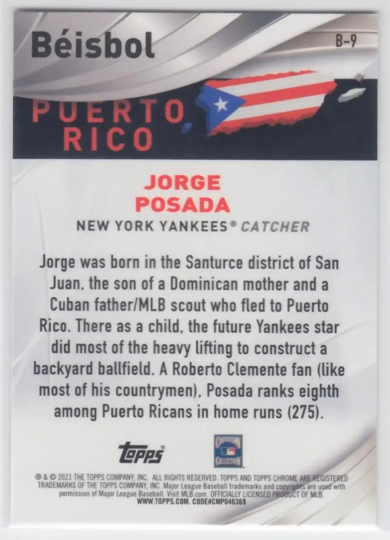 Baseball card featuring Puerto Rican flag, Jorge Posada, and New York Yankees details