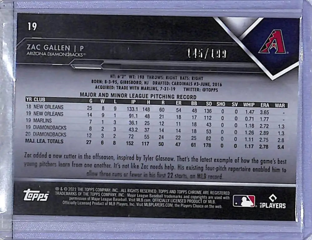 Zac Gallen baseball card from 2021 Topps Chrome Black Arizona Diamondbacks collection