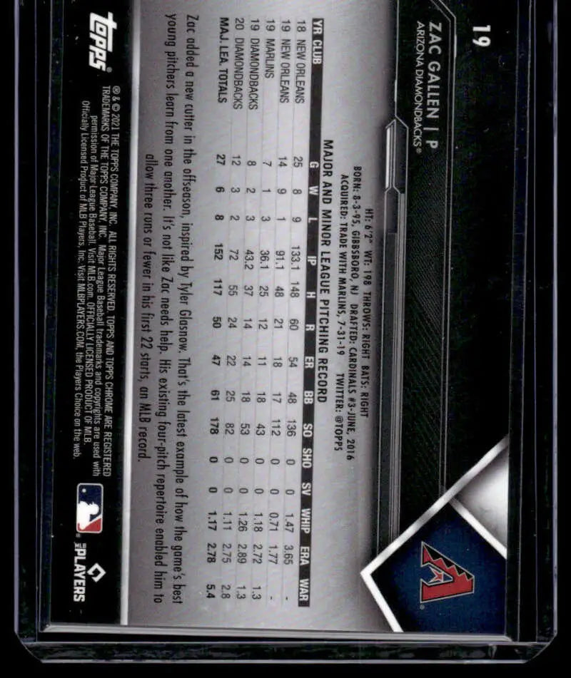Back of 2021 Topps Chrome Black Zac Gallen Baseball Card with Arizona Diamondbacks stats