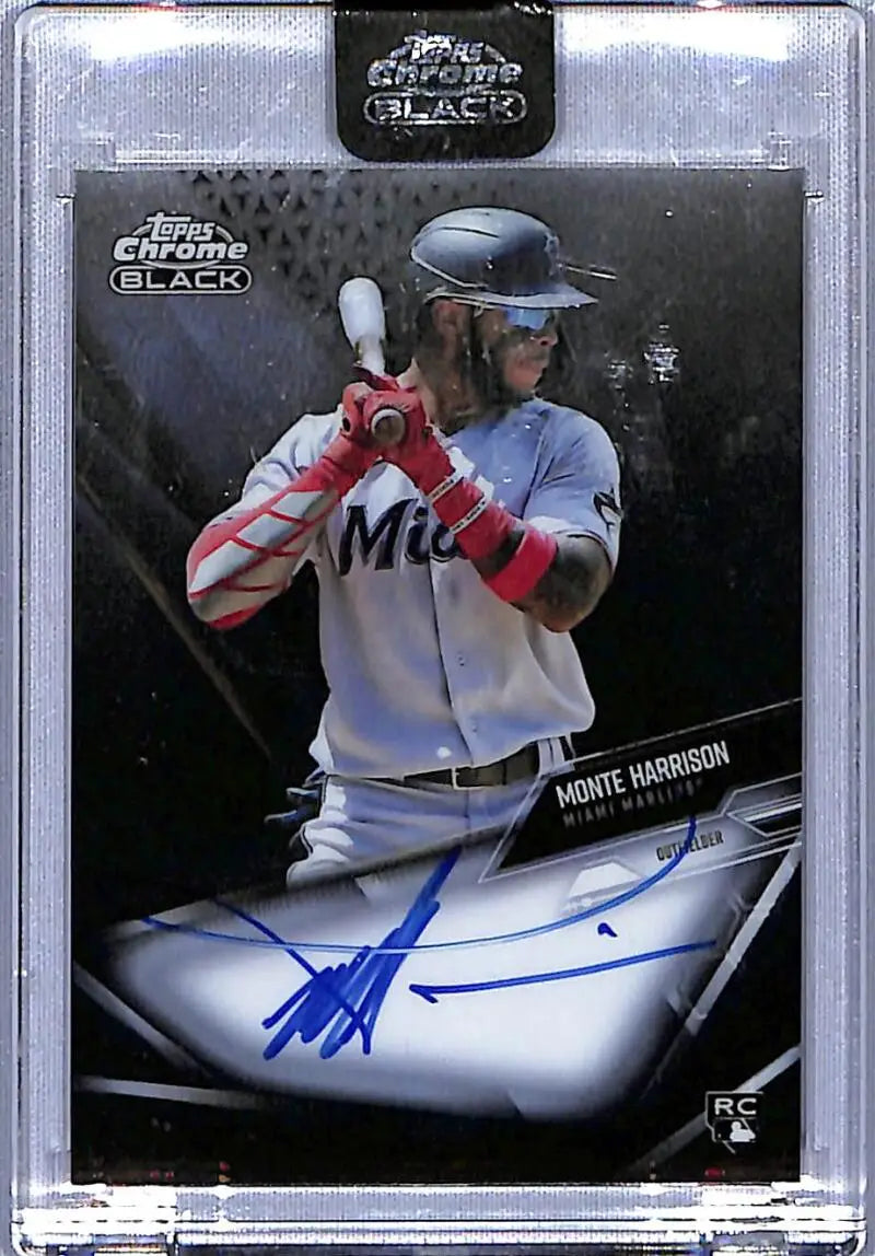 Autographed Monte Harrison Miami Marlins baseball card from 2021 Topps Chrome Black