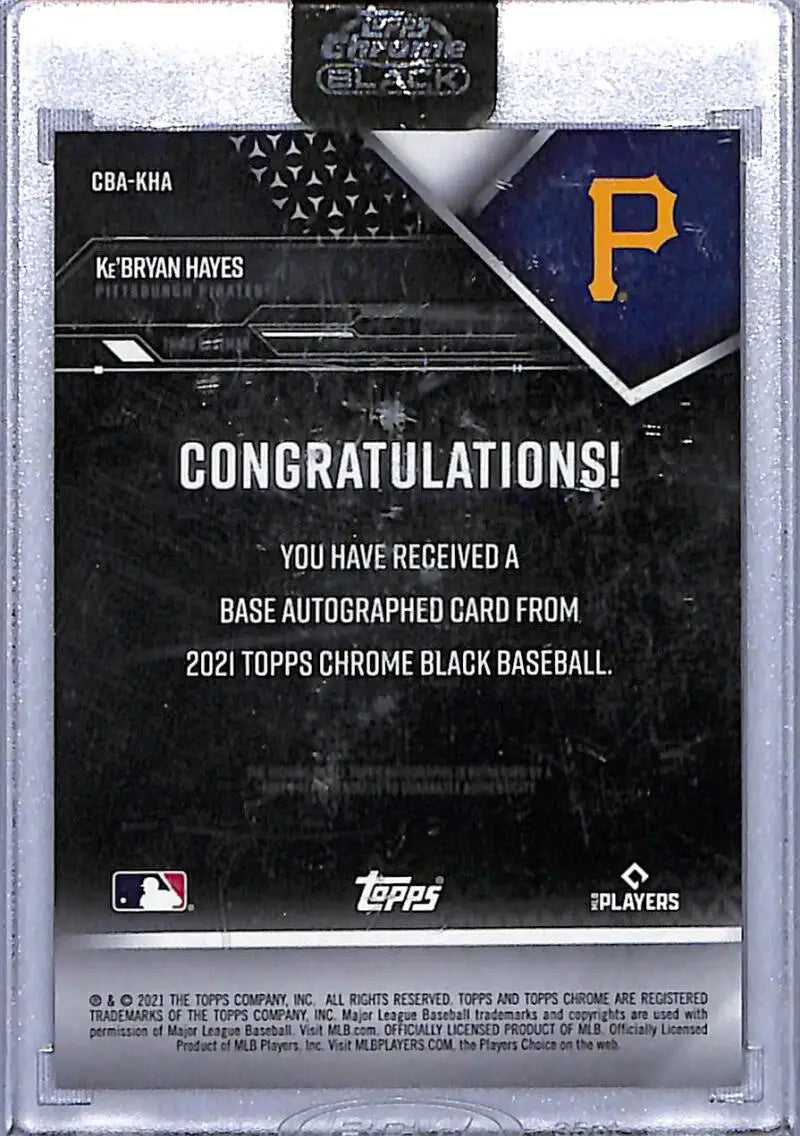Ke’Bryan Hayes autographed baseball card from 2021 Topps Chrome Black Autographs Refractor Gold