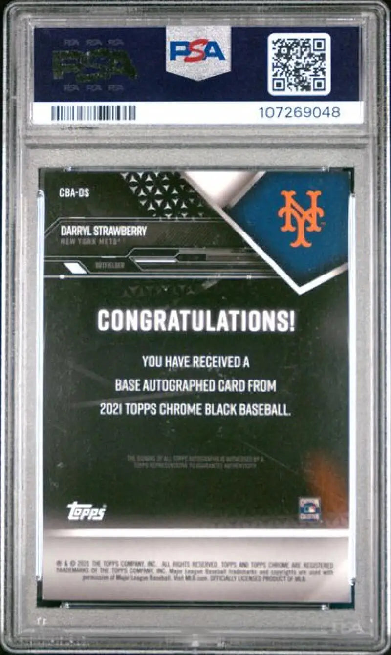 Graded Darryl Strawberry autographed baseball card from 2021 Topps Chrome Black Mets series