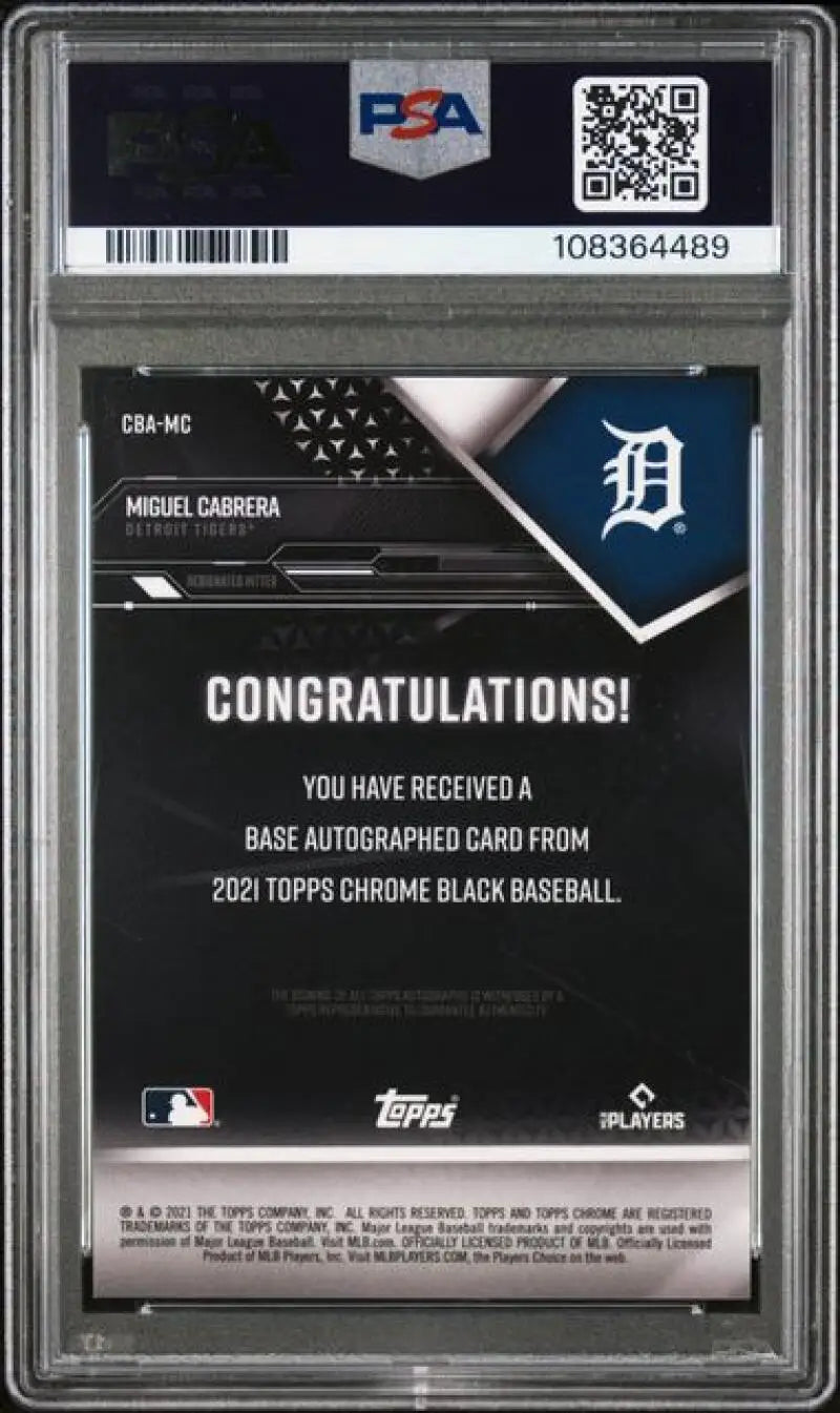 PSA-graded Miguel Cabrera autographed baseball card from Topps Chrome Black set