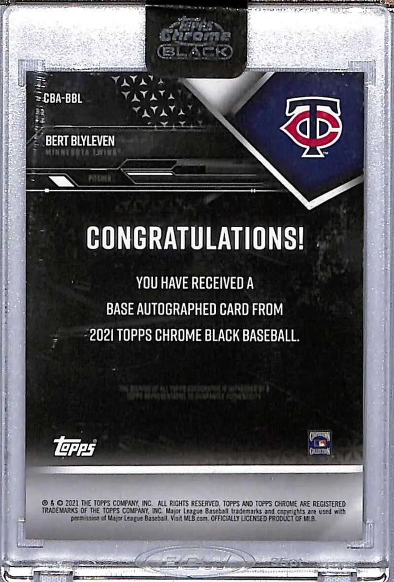Back of Minnesota Twins Baseball Card featuring Bert Blyleven autograph from Topps Chrome Black