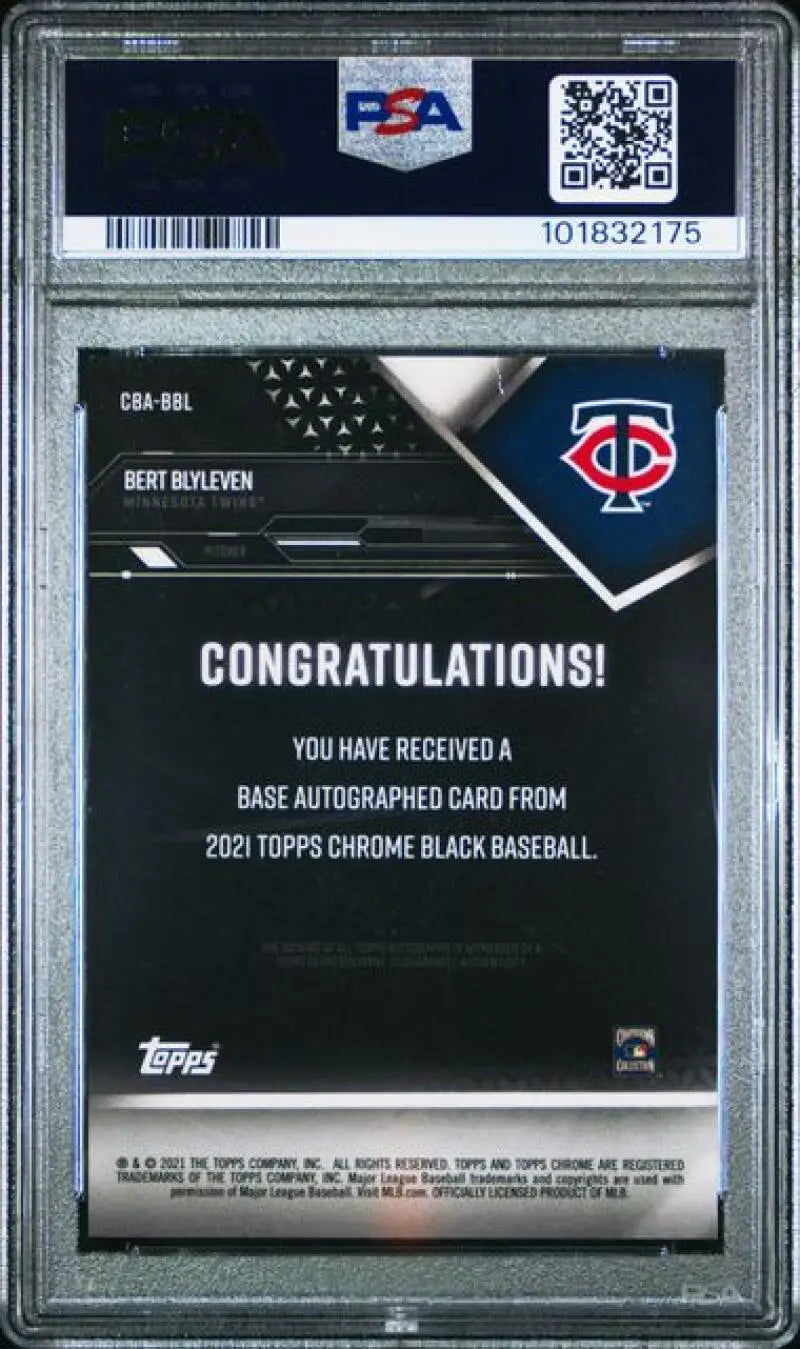 Graded Bert Blyleven autographed baseball card from 2021 Topps Chrome Black, Minnesota Twins