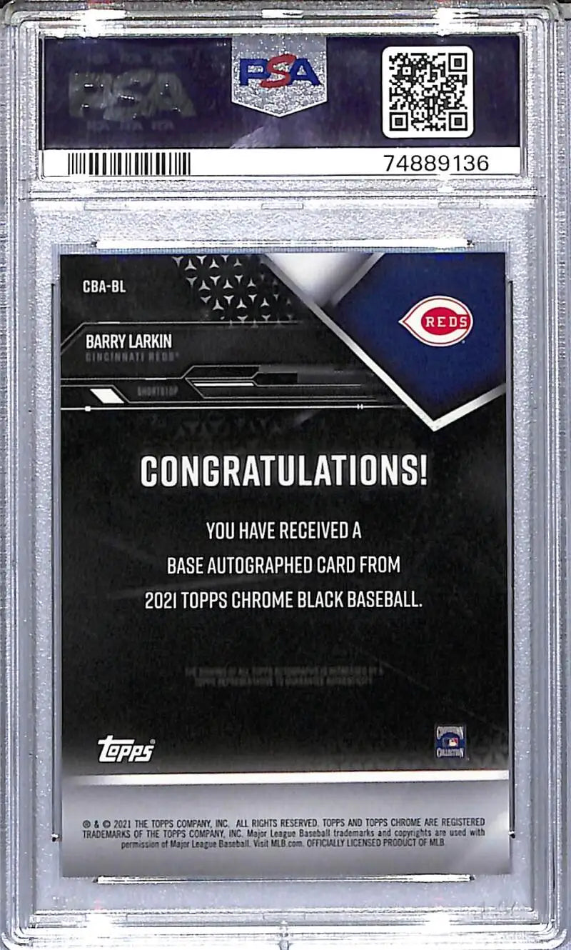 Graded Barry Larkin Cincinnati Reds baseball card in GEM MINT condition showing auto