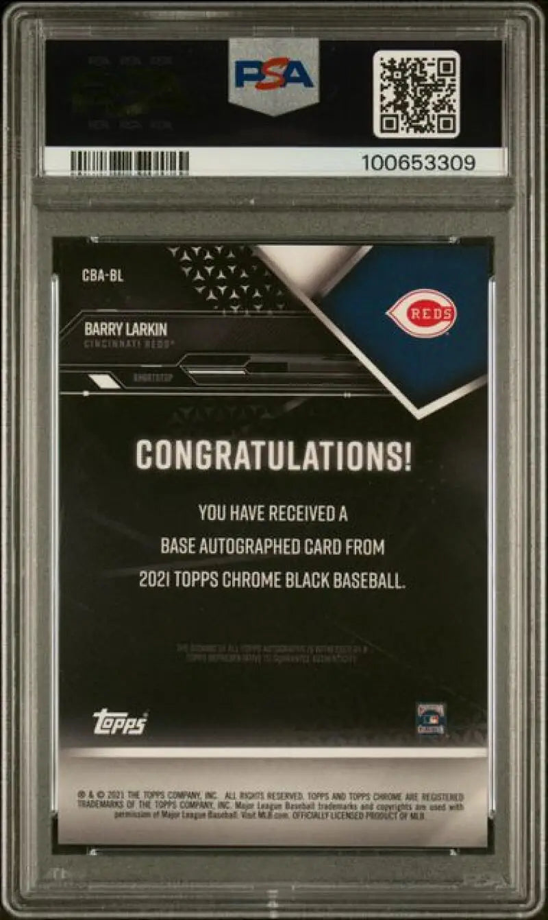 Back of 2021 Topps Chrome Black Barry Larkin PSA 10 card with autograph redemption message