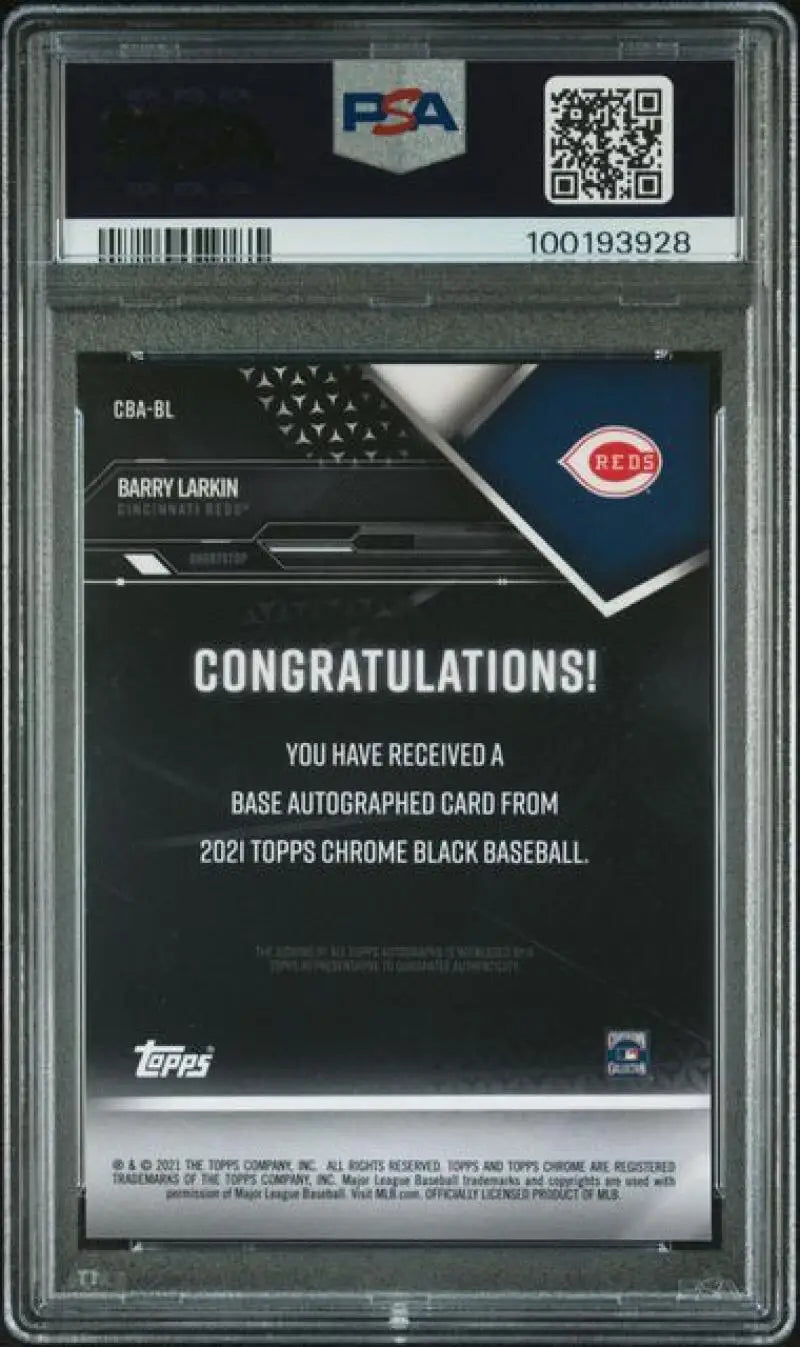 Barry Larkin autographed baseball card Cincinnati Reds 2021 Topps Chrome Black Gem Mint