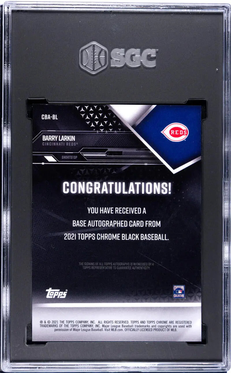 Graded Barry Larkin baseball card from Topps Chrome Black series featuring Cincinnati Reds player