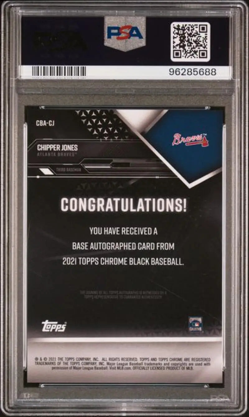 PSA 10 GEM MINT Chipper Jones Baseball Card with Congratulations message from 2020 Topps Chrome Black