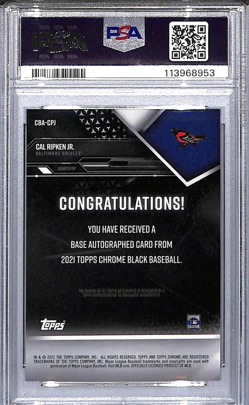 Graded Cal Ripken Jr. Topps Chrome Black baseball card from 2021 Topps Chrome series