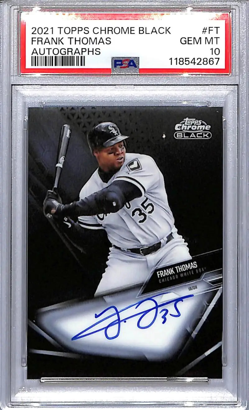 PSA-graded Frank Thomas baseball card from Topps Chrome Black featuring White Sox auto