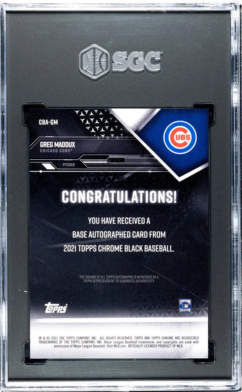 Back of 2021 Topps Chrome Black Greg Maddux baseball card with autograph congratulations text
