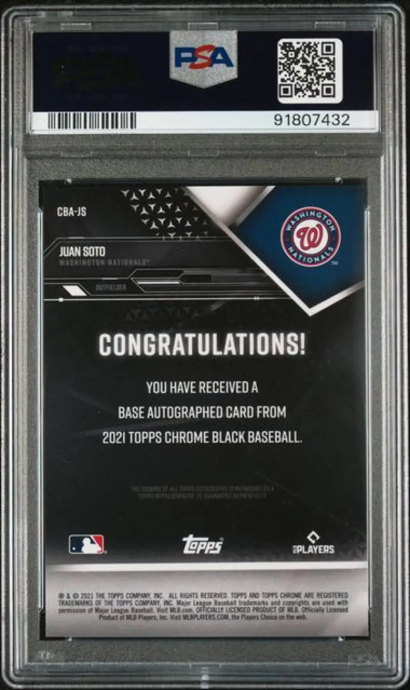 Back side of PSA-graded Juan Soto GEM MINT baseball card with autograph congratulations