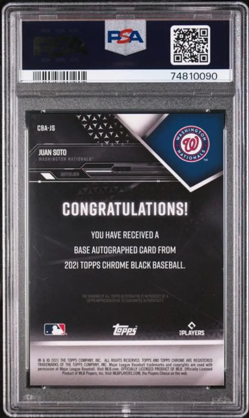 Back side of 2021 Topps Chrome Black Juan Soto PSA 10 baseball card with autograph text