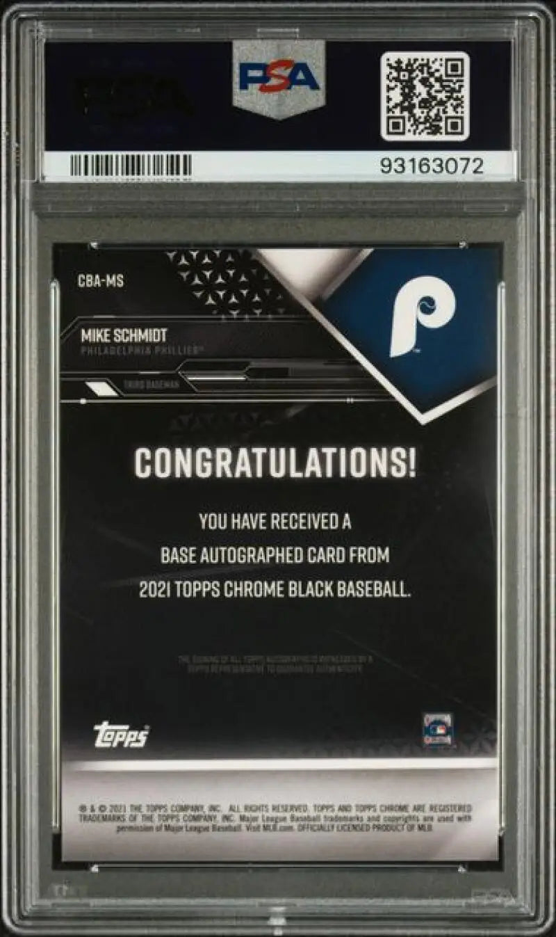 Back side of 2021 Topps Chrome Black Mike Schmidt PSA 10 auto baseball card