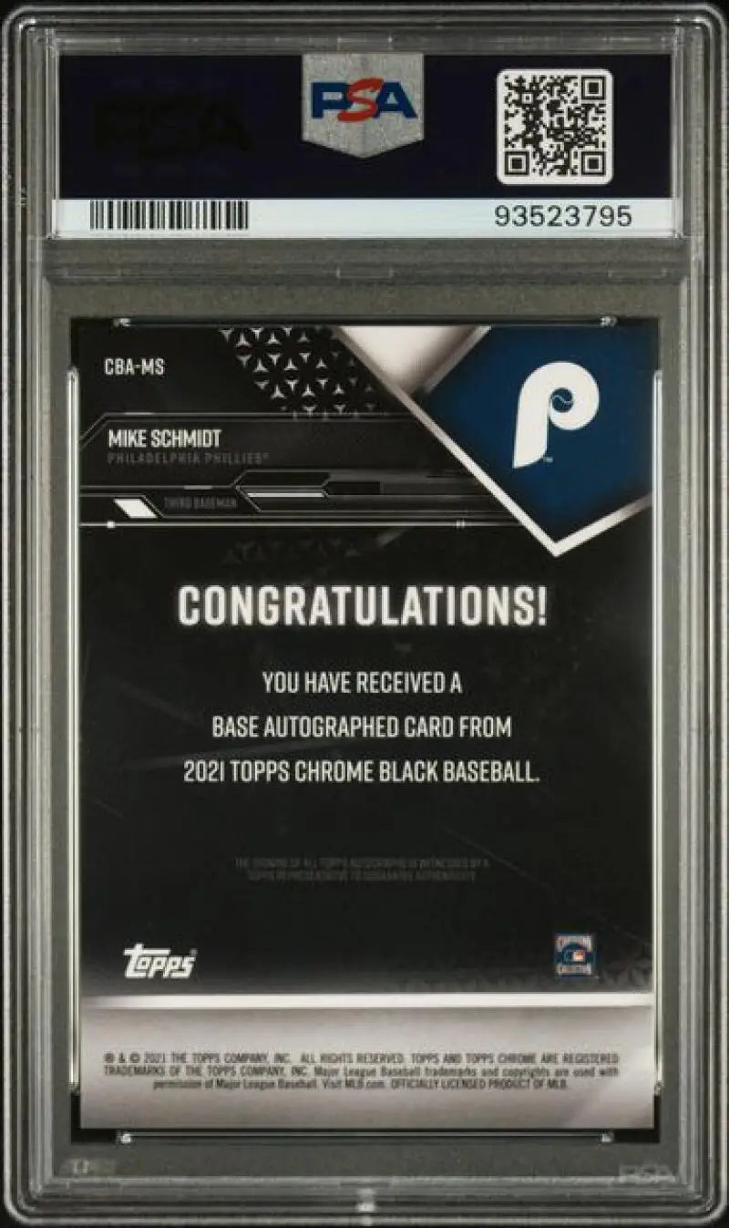 Back of 2021 Topps Chrome Black Mike Schmidt Baseball Card with Redemption Message