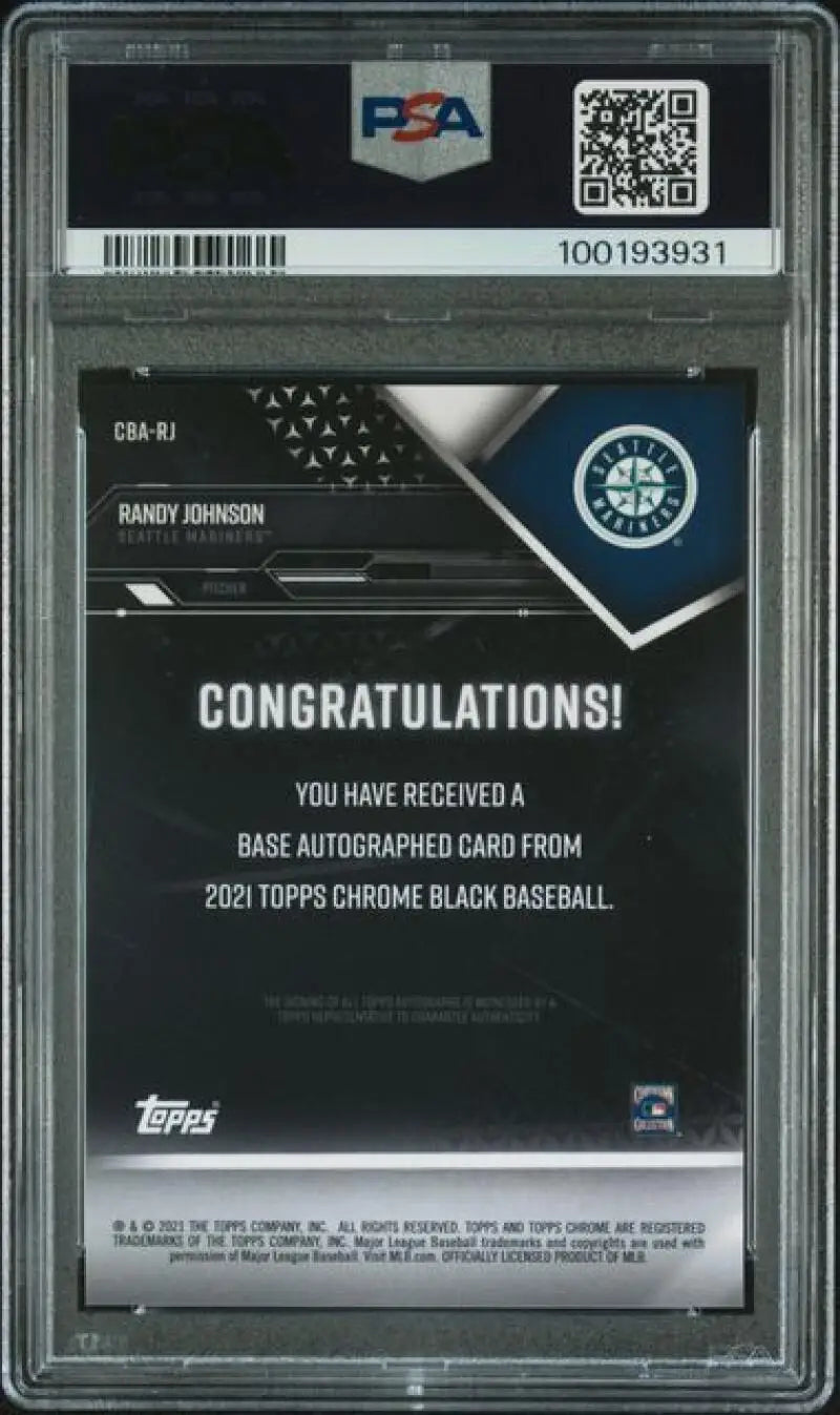 Back of 2021 Topps Chrome Black Randy Johnson PSA 10 Autographed Baseball Card