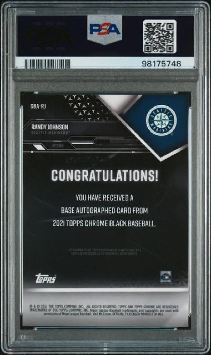 PSA-graded Topps Chrome Black Randy Johnson autographed baseball card with congratulations message