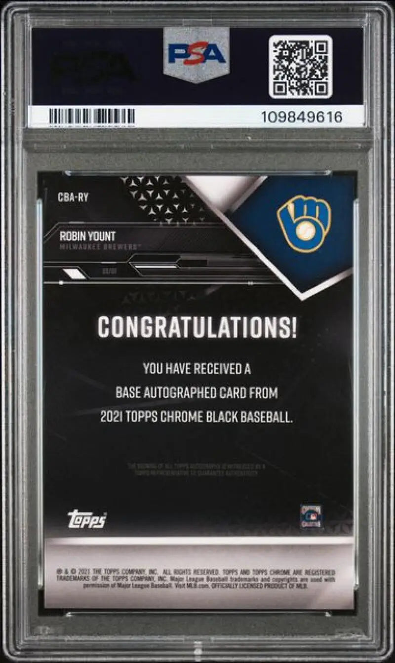 Graded Robin Yount Milwaukee Brewers baseball card from 2021 Topps Chrome Black series